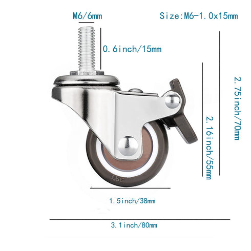 Stem Casters 360 Degree Swivel TPR Wheels - Replacement Industrial Castors for Carts, Furniture, Dolly (1.5 Inch with