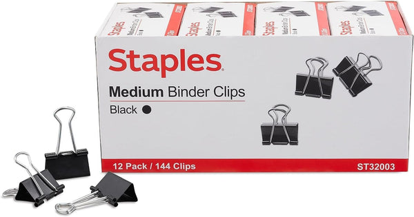 Staples 395200 Medium Binder Clips, Bulk Pack, Black, 1 1/4-Inch Size, 144/Pk