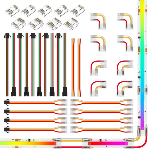 BTF-LIGHTING FCOB COB 12mm 3Pin Connector Kit,L-Shaped,Dual-End with Wire,Strip to JST,3PIN JST,Wire
