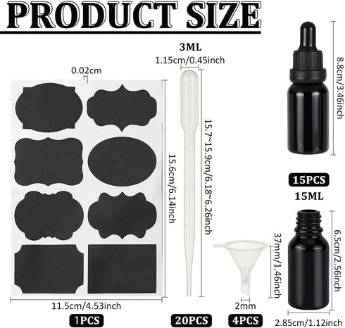 15 Packs 15ml BENECREAT Black Glass Dropper Bottle Vials Glass Eye Dropper Bottle with Labels, Plastic Hoppers