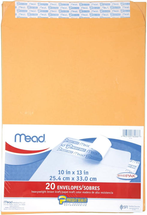 Mead Press-It Seal-It Envelopes, 10 x 13 Inches, Office Pack of 20 Count (76088) for Mailing and Organizing
