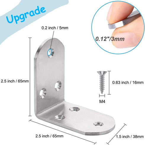 6Pcs 65x65x38mm 90 Heavy Duty L Bracket Corner Braces Stainless Steel Degree Joints Right Angle Brackets, Metal Corner