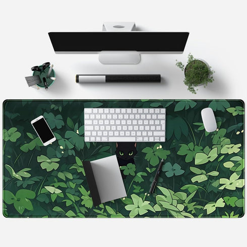 Black Cat Desk Mouse Pad - Green Plants Desk Mat, Anime Large Gaming Mouse Pad XL for Office Supplies, Long Laptop