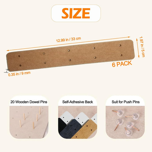 Brown Felt Pin Boards Memo Board Pegboard Bar Strips, Self-Adhesive Cork Board for Walls Home Office Decor, Small Felt Bulletin Boards for Jewel, Notes, Photos with 20 Wooden Dowel Pins, 6 Pack by origreen
