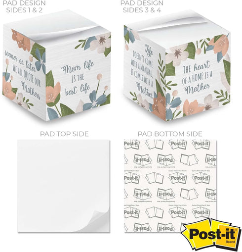 Mothers Floral Sticky Note Cube, 600 Sheets, 2.75" Memo Block, Four Empowering Messages On Each Side