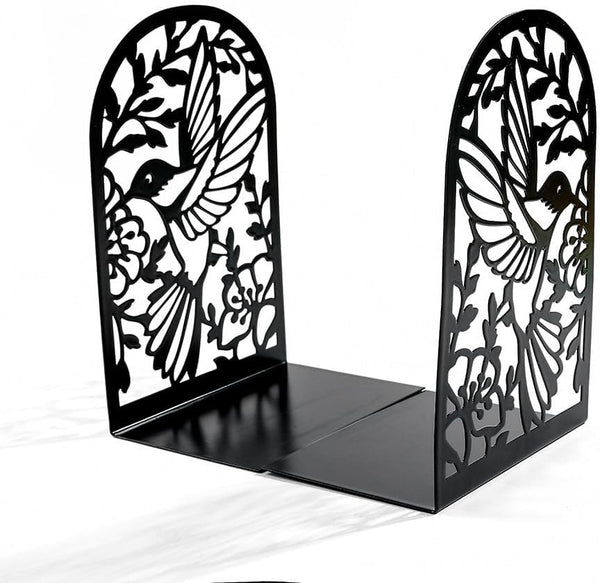 NDEMl Black Hummingbird Silhouette bookend, Creative Metal Hollow Bookstand, Bookshelf Folder for Desktop