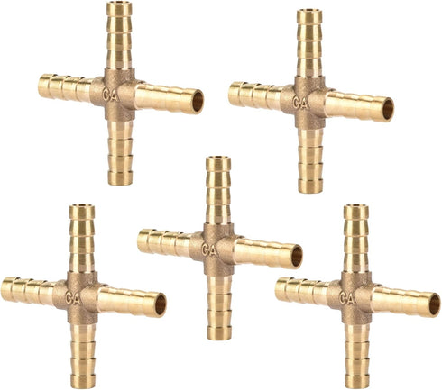 5pcs Brass Cross Fitting - 4 Way Brass Hose Barb Connector Joint for Air, Water, Oil, Gas, Fuel (6mm)
