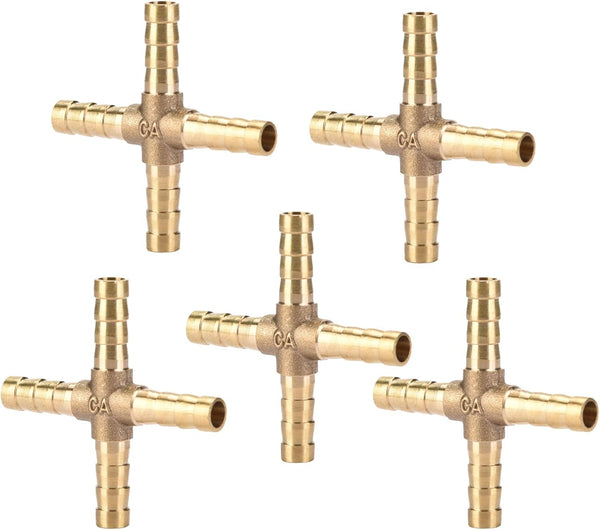 5pcs Brass Cross Fitting - 4 Way Brass Hose Barb Connector Joint for Air, Water, Oil, Gas, Fuel (6mm)