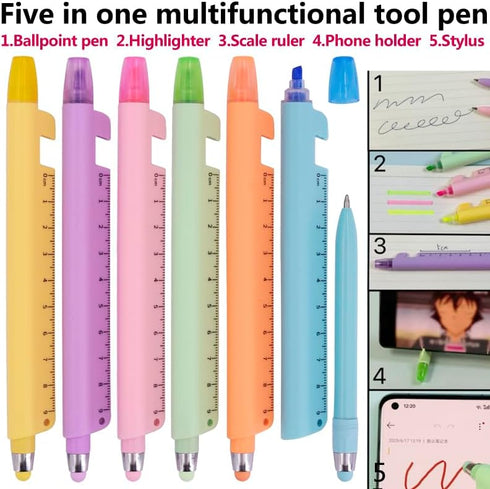 6 4-in-1 Highlighter9cm 6 PCS Multifunctional Pen - Blue Ink Ballpoint Pen, Ruler & Touch Screen Stylus, Assorted