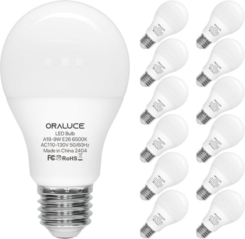 ORALUCE A19 LED Light Bulb, 60 Watt Equivalent, E26 Base, 6500K Cool White, 12 Pack