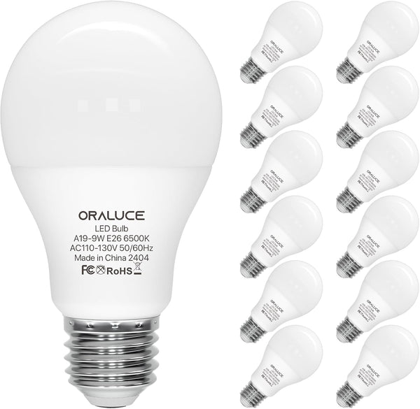 ORALUCE A19 LED Light Bulb, 60 Watt Equivalent, E26 Base, 6500K Cool White, 12 Pack