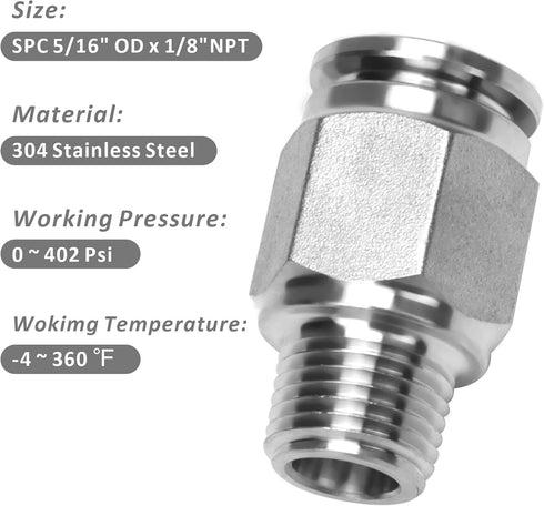 Push to Connect Fitting - 304 Stainless Steel Male Straight 5/16" Tube OD x 1/8" NPT Thread Pneumatic Fitting (Pack of