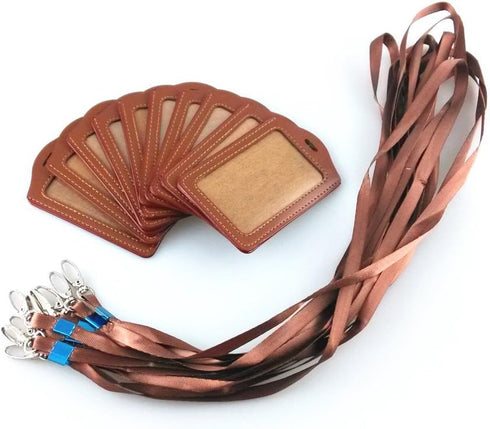yueton 10pcs Vertical Style Leather Business ID Badge Holder - Brown with Long Neck Strap Lanyard