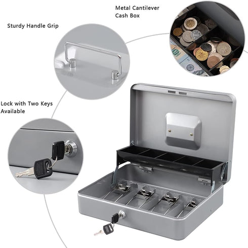 KYODOLED Locking Cash Box with Key, Money Box with Cash Tray, Lightgrey XL Large, 11.81L x 9.45W x 3.54H Inches