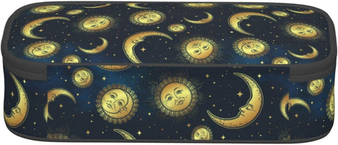 Moon Sun and Stars Pencil Case Bag, Gold Celestial Bodies Boho Style Pen Holder for Kids, Students, Desk Organizer