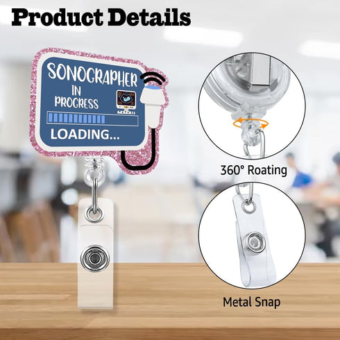 Sixrip Sonographer in Progress Funny Retractable Glitter Badge Reel with Alligator Clip, Sonographer Badge Holder Gifts