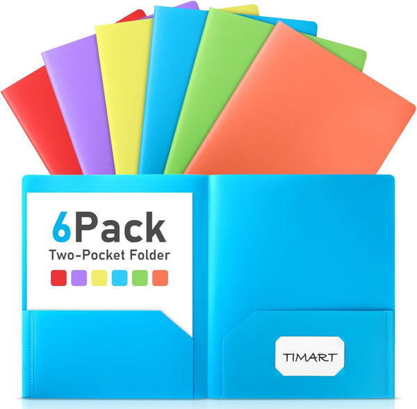 Timart Folders with Pockets, 6 Pack, 2 Pocket Folders Fit Letter Size Paper, Colored File Folders