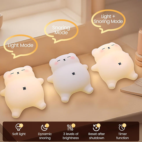 3 30-Min Snoring Bear Night Light Adorable Gift for Kids, Babies, Moms & Seniors Soft Silicone Sleep Lamp with Sound