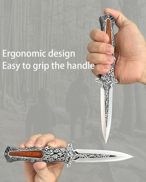 Folding Knife Stainless Steel Blade - 3D Retro Embossed Pattern, Pocket Clip for Men