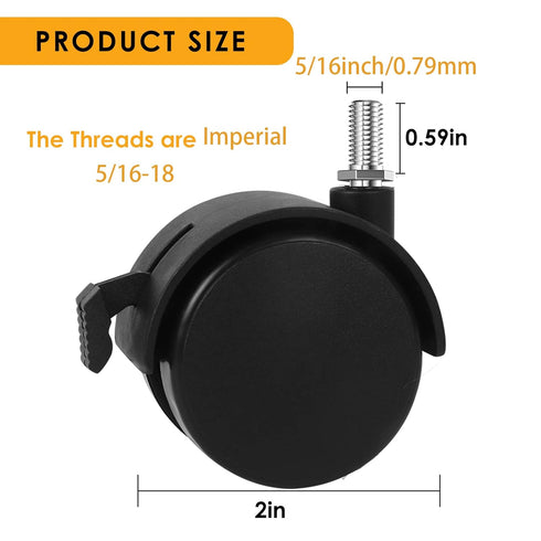 2" Stem Casters Replacement Wheels, Threaded Swivel Furniture Caster with Brakes, 100Lbs Capacity