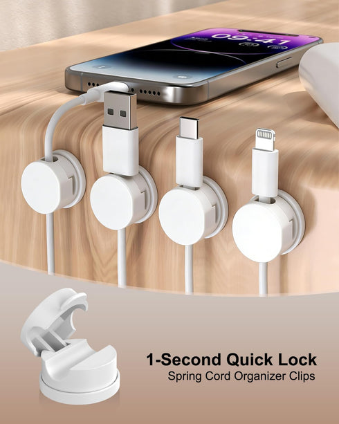 OneLeaf 12 Pack Spring Cable Clips for Phone Charger, One-Hand Cord Holder for Nightstand & Desk, Rotatable Desk Cable