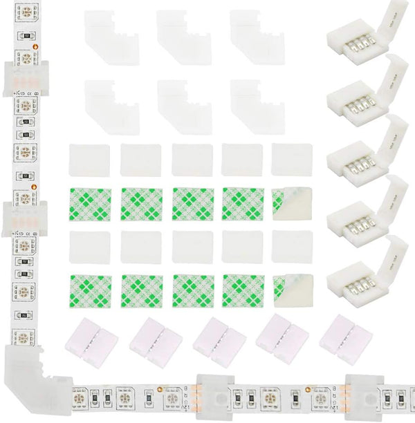 LED Connectors Kit - 10mm 4 Pin 5050 RGB Light Strip Connectors, Includes 6 L Shape and 10 Solderless Connectors