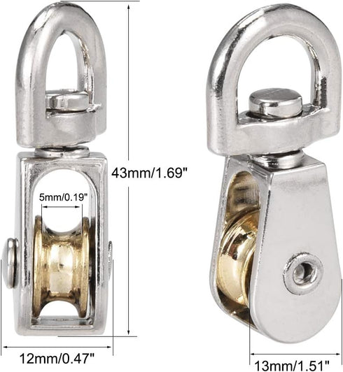 uxcell 1/5" Lifting Crane Swivel Hook, Single Pulley Block Hanging Wire Towing Wheel, Zinc Alloy, 2pcs