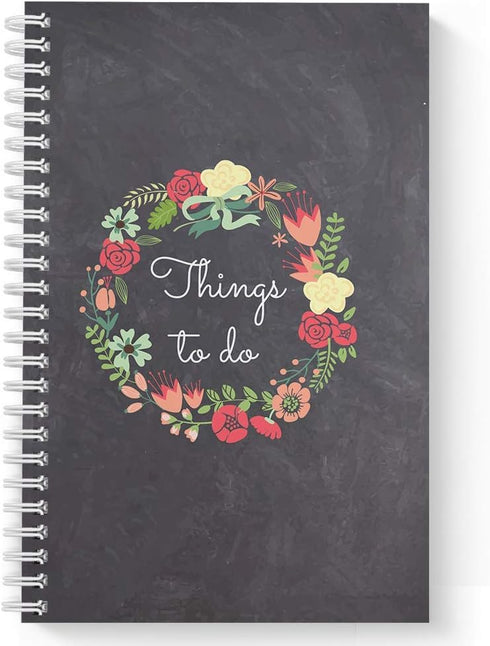 Hardcover Floral Wreath Things to Do Spiral Notebook/Journal, 5.5" x 8.5", 120 Checklist Pages, Soft Touch Matte Cover