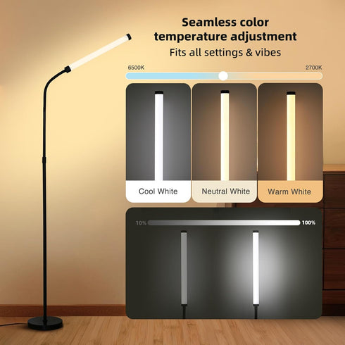 L SHY-U L Floor Lamp with Adjustable Height & Flexible Arm, Remote & Foot Switch, Slim Design & Even Lighting