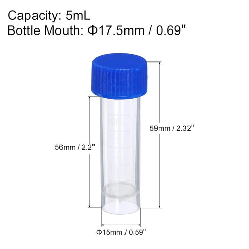 PATIKIL 5mL Plastic Test Tubes, 15 Pack Frozen Container Storage Blue Screw Cap for Lab Laboratory Science, Clear
