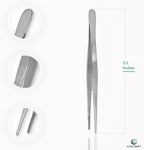Thumb Dressing Forceps, Multipurpose Stainless Steel Tweezer, Serrated Tip Straight 5.5 Inch