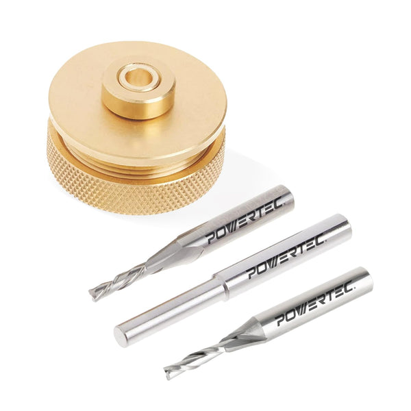 POWERTEC 72028 Router Bits Solid Brass Inlay Kit, Includes 2-pc 1/8 Spiral Router Bit, Universal Bushing