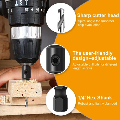 5Pcs Countersink Drill Bit Set, Woodworking Counterbore Hole Drill Bits with 1/4" Hex Shank for Adjustable Drilling
