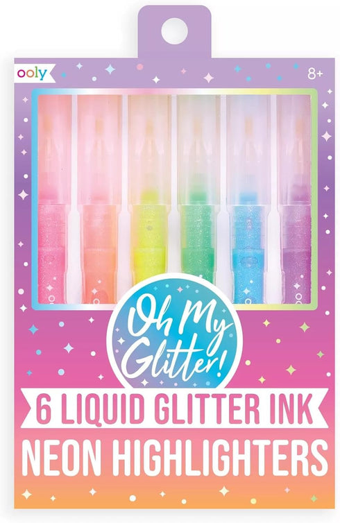Ooly Oh My Glitter! Glitter Highlighter Pens Set of 6 - Neon Colors, Chisel Tip for Note Taking & Art