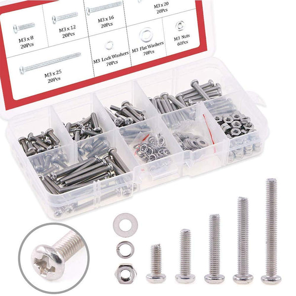Hilitchi 300-Piece M3 Phillips Pan Head Screws Kit, 304 Stainless Steel, Bolt Nut Lock Flat Washers