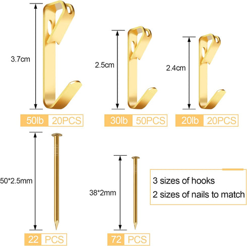 184 Pieces Picture Hanging Kit, 20lb, 30lb, and 50lb Picture Hangers, Metal Picture Hanging Hooks with Nails, on Drywall, Wooden Wall(Gold)