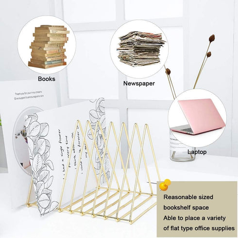 Urban Deco Gold Triangle Desk Organizers - 10 Sections Metal Wire Magazine Holder for File Folder Storage