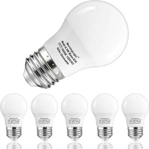 A15 Light Bulb 6 Pack, Daylight 60 Watt Equivalent, E26 Small Light Bulb, 5000K, Dimmable 6.5 Watt