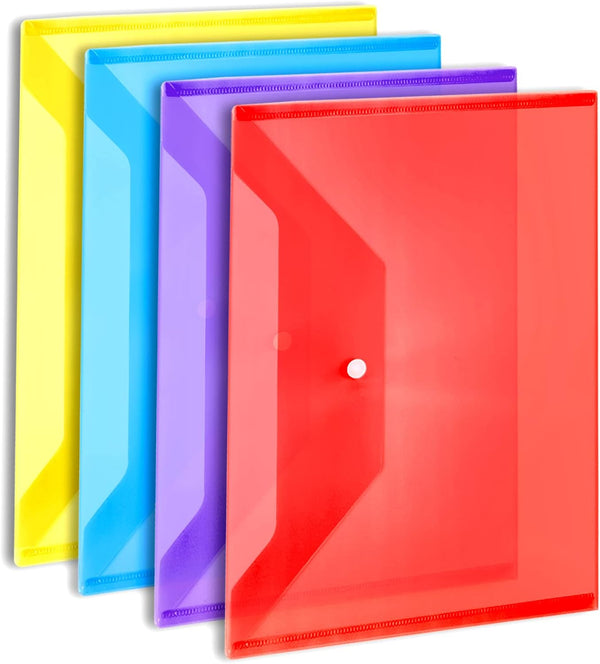 LEOBRO 4 PCS Plastic File Folders - A4 Size Document Holders with Snap Closure, Clear Envelopes Organizer