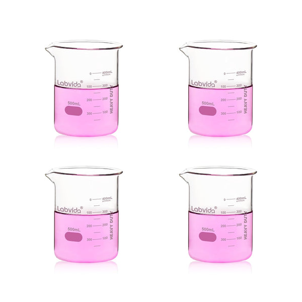4pcs 500ml Upgraded Thick Glass Beakers, Griffin Low Form Beaker Set with Double Scale, 3.3 Boro