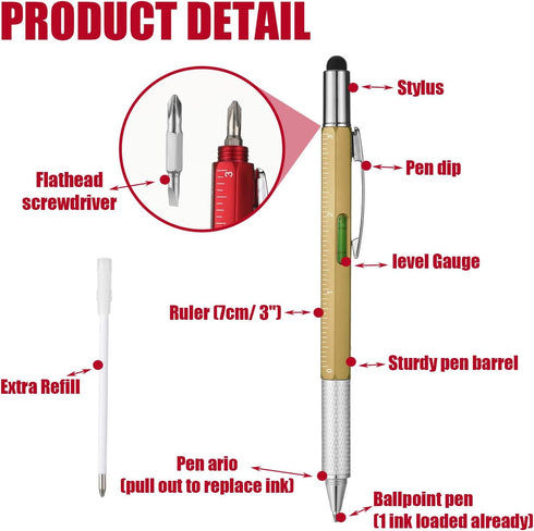 IANFAN 36 6 1 Pcs in Multitool Tech Tool Pen with Ruler, Level Gauge, Ballpoint Pen and Black Ink Refills, Stylus Pen