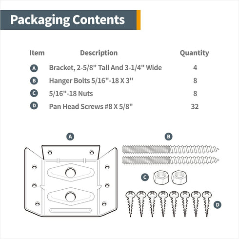 4PK (71428) POWERTEC Surface Mount Corner Brackets w/Mounting Hardware, Corner Braces for Desk Legs/Coffee Table/Dining