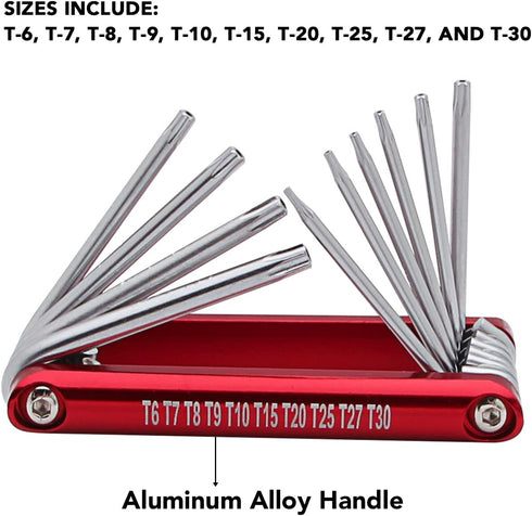 Chrome Vanadium Steel Wrench Set, 10-Piece, Includes Sizes T-6 to T-30 for Various Applications