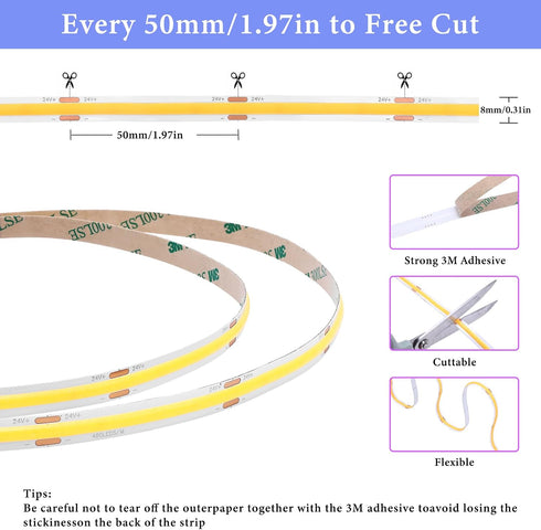 16.4ft/5m 4000K 24V Dimmable 2400LEDs CRI90+ COB Smart LED Strip Light - Natural White Strip Light with Remote Super