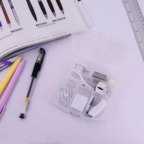 Mini Office Supply Kits, Includes Mini Stapler, Scissors, Staple Remover, Staples, Tape Dispenser - White