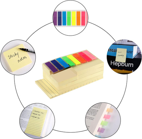 Sticky Notes, Yellow Self-Stick Pads & Colorful PET Index Lable & Lined Note Pad, 9-Pack Memo Pads Set for School Home Office Supplies