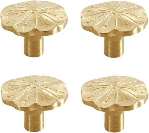 SANCHAKOU Cabinet Furniture Knobs 4 Pack Brass Wardrobe Cabinet Bedside Table Lotus Leaf