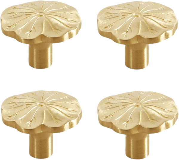 SANCHAKOU Cabinet Furniture Knobs 4 Pack Brass Wardrobe Cabinet Bedside Table Lotus Leaf