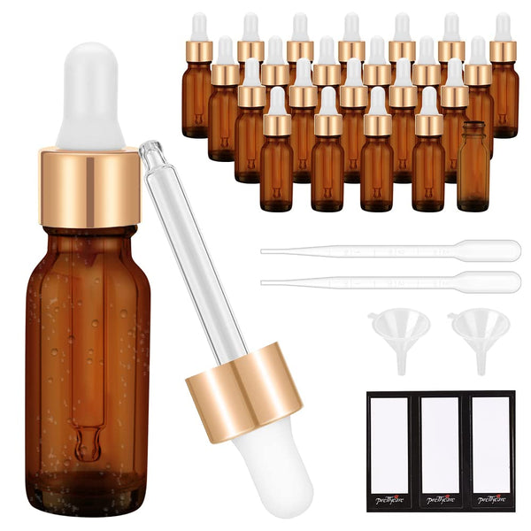 PrettyCare 15 ml Eye Dropper Bottle, 24 Pack Amber Glass Bottles with Golden Caps, Pipettes, Labels, Funnels.