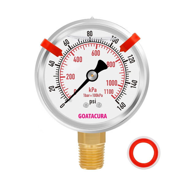 Glycerin Filled Pressure Gauge, 0-160psi, 2-1/2" Dial Size, Stainless Steel Case, 1/4" NPT Lower Mount